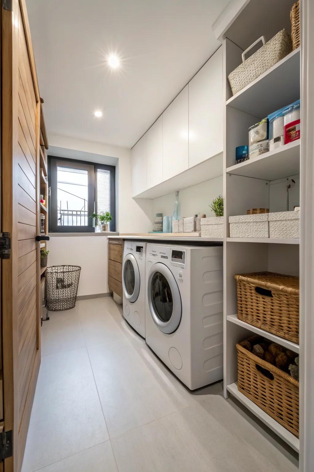 A compact layout with uninterrupted flooring results in a functional laundry room.