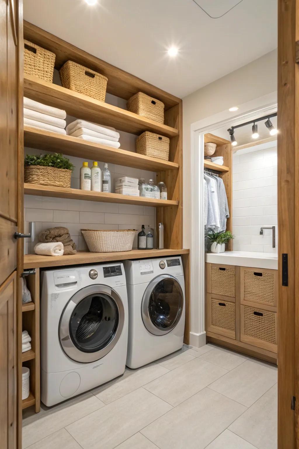 Natural wood details impart warmth to this contemporary laundry room.