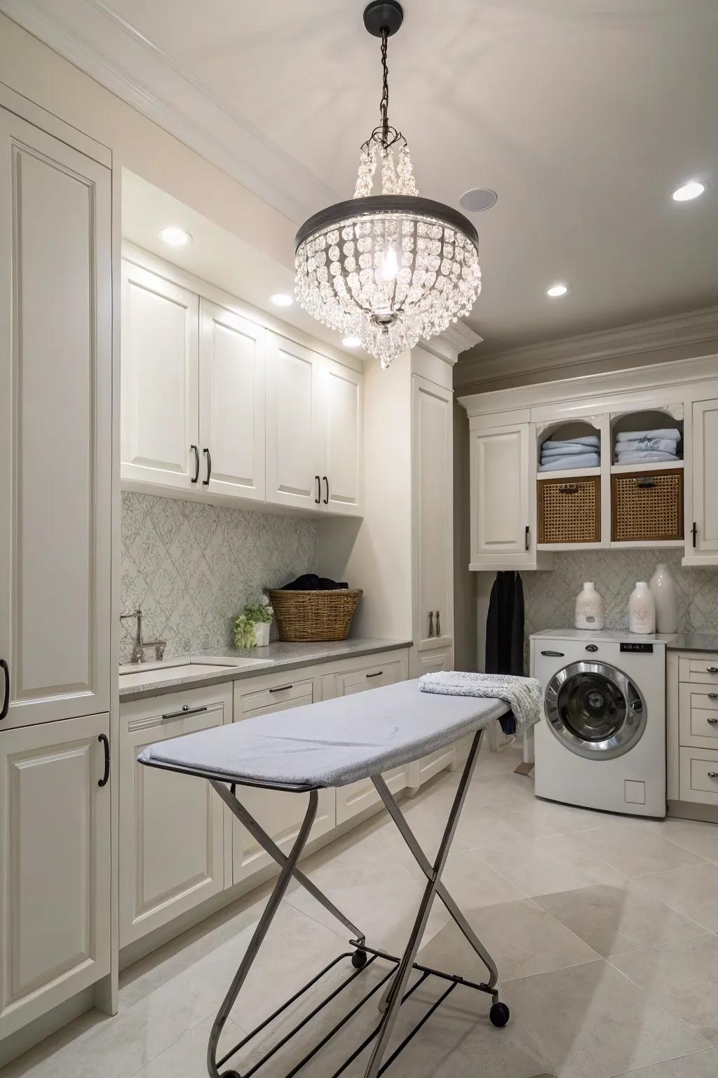 Chandeliers bring glamour to laundry areas.