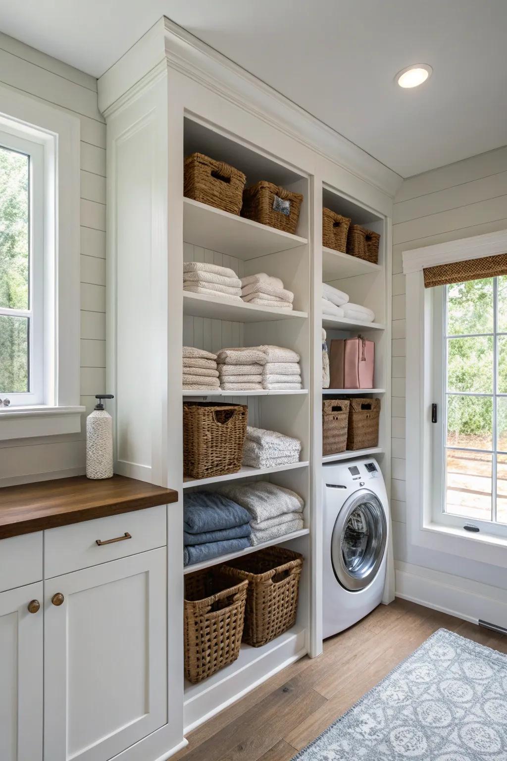 Custom built-in shelving maximizes storage and style.
