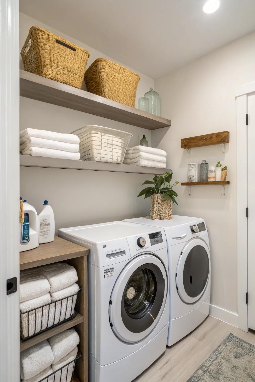 Simple shelving creates a fresh and open laundry room.