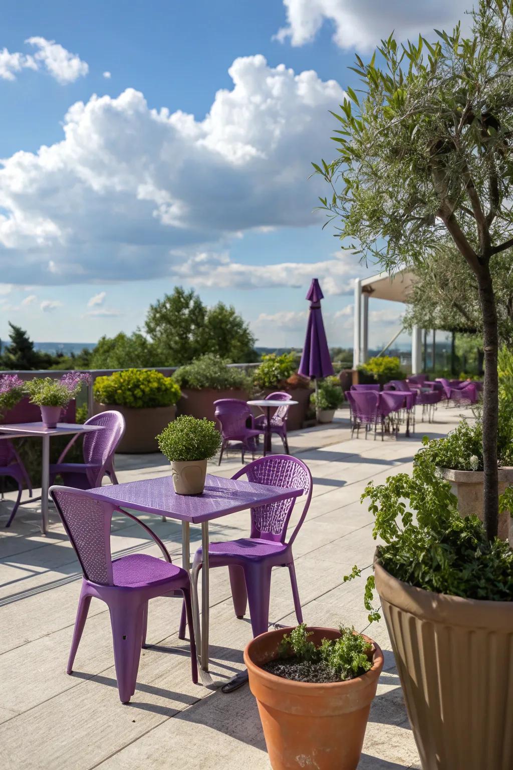 An elegant patio featuring amethyst furniture and cheerful planted containers.