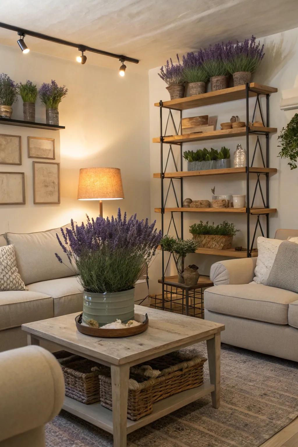A peaceful living room enhanced by lavender accents.
