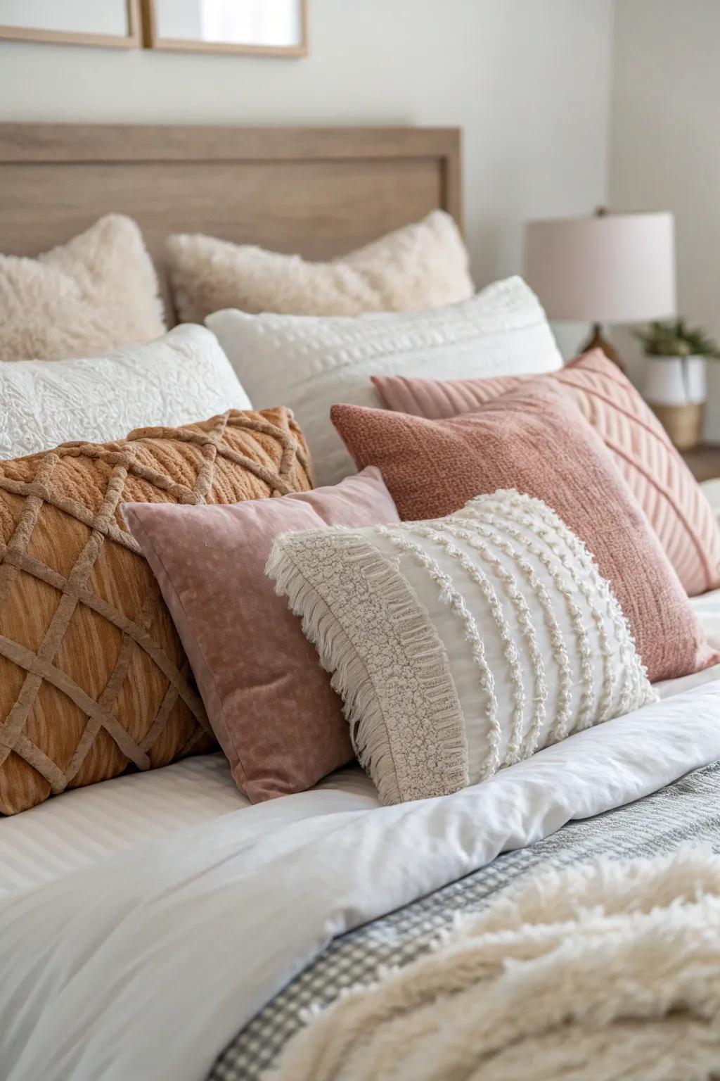 An assortment of pillows giving texture and style to the tiered bedclothes.