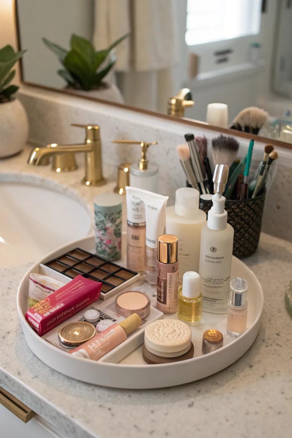 A tranquil bathroom countertop showcases a <strong>lazy Susan</strong> that organizes essential beauty products.&rdquo; loading=&rdquo;lazy&rdquo; class=&rdquo;pimg&rdquo;>
	</picture><figcaption>A tranquil bathroom countertop showcases a <strong>lazy Susan</strong> that organizes essential beauty products.</figcaption></figure>
<p>Gather your bathroom necessities like lotions and sprays on a <strong>lazy Susan</strong>. It keeps your counter uncluttered and ensures you can find what you need, even on rushed mornings.</p>
<h3>You might give these a try:</h3>
<ul class=