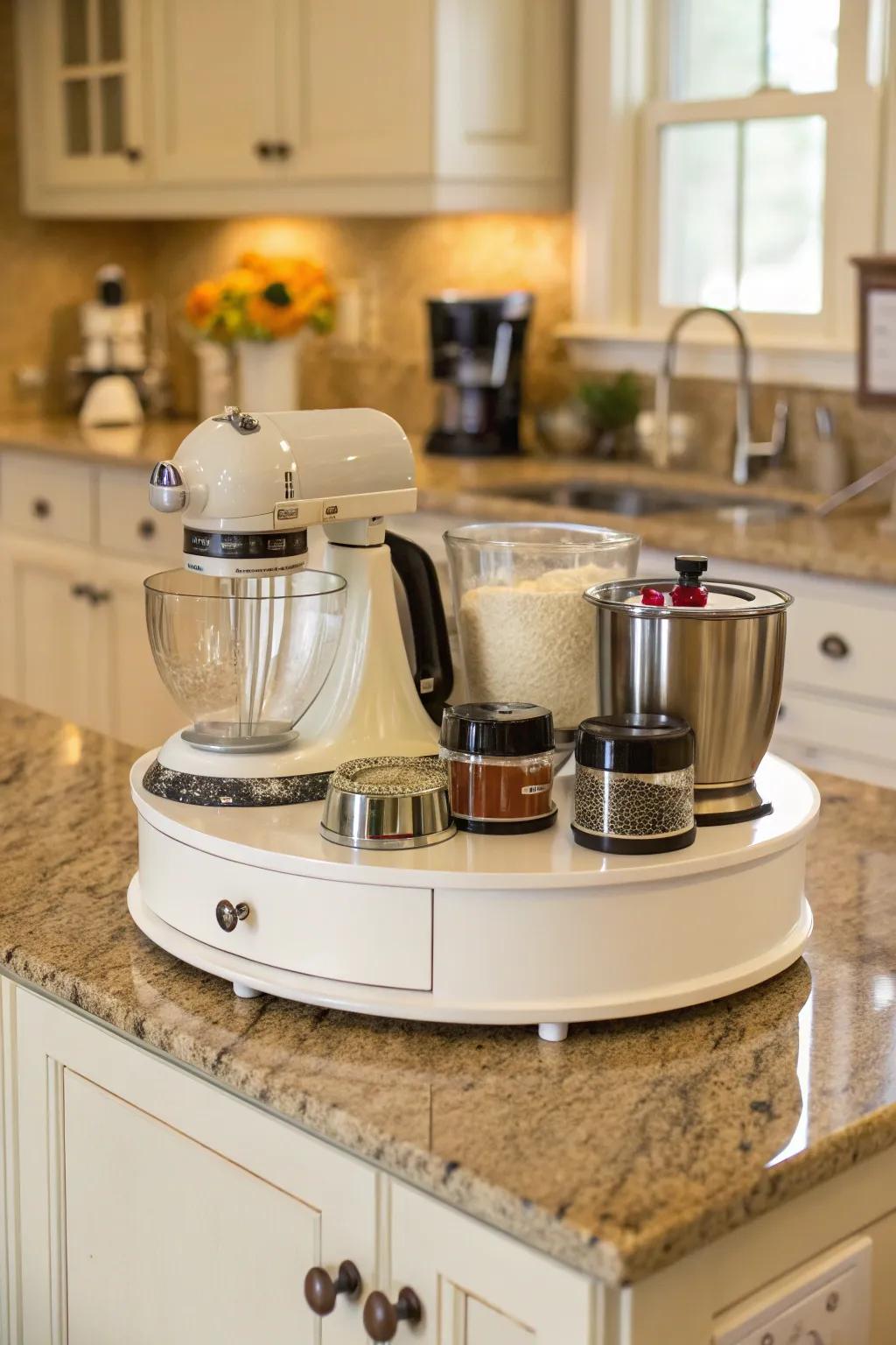 Keep your small kitchen appliances efficiently stored on a spinning organizer.
