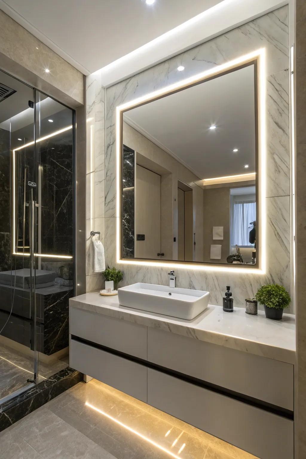 Personal grooming area opulence with LED-outlined mirrors.