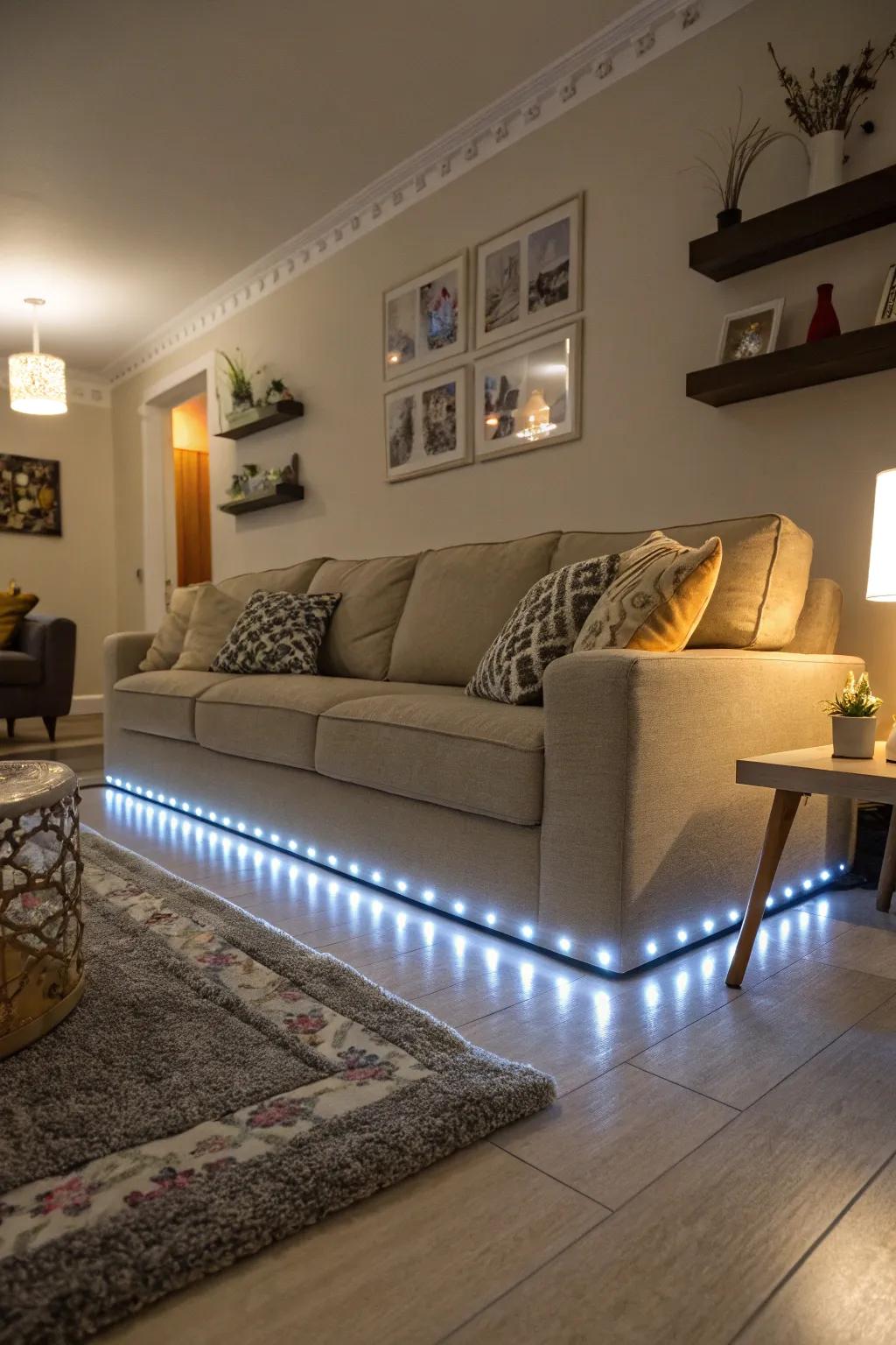 Bestow upon your sofa a contemporary twist via beneath-lighting.