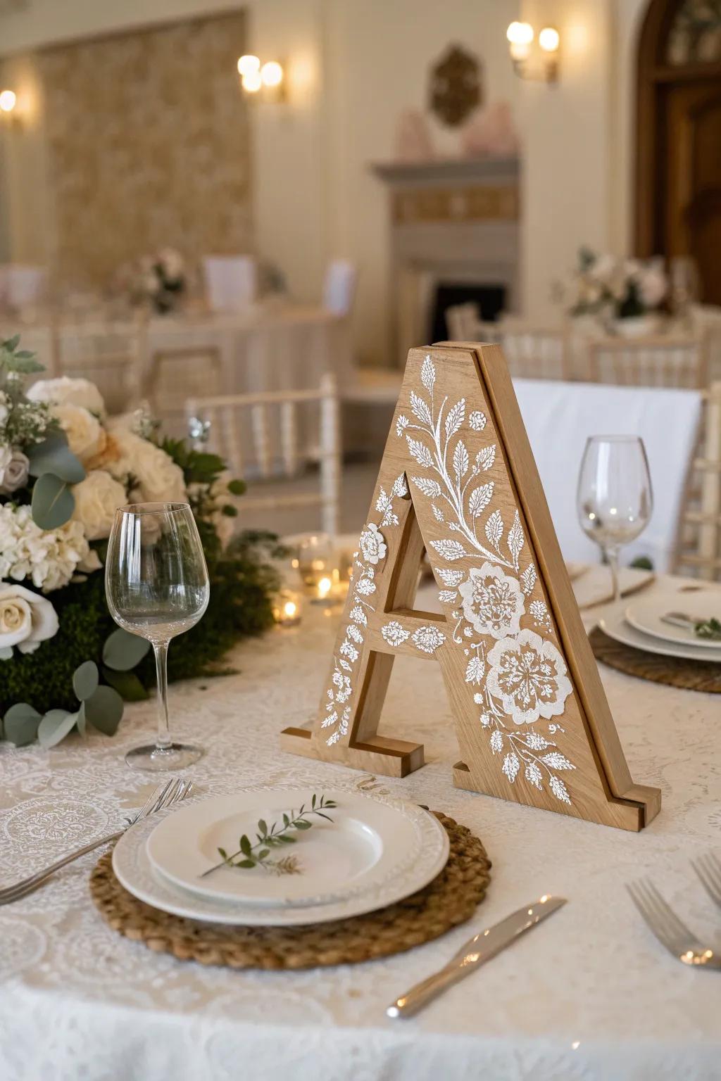 A stenciled wood letter ideal for formal events.