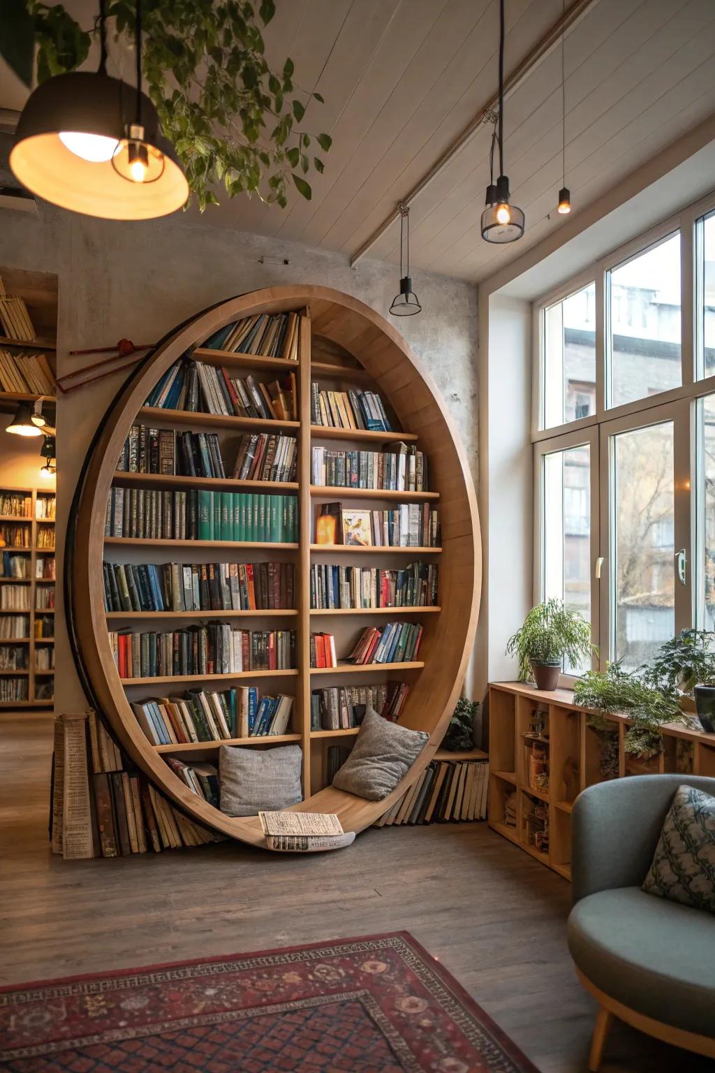 A distinctive circular bookcase that gives library design a creative edge.