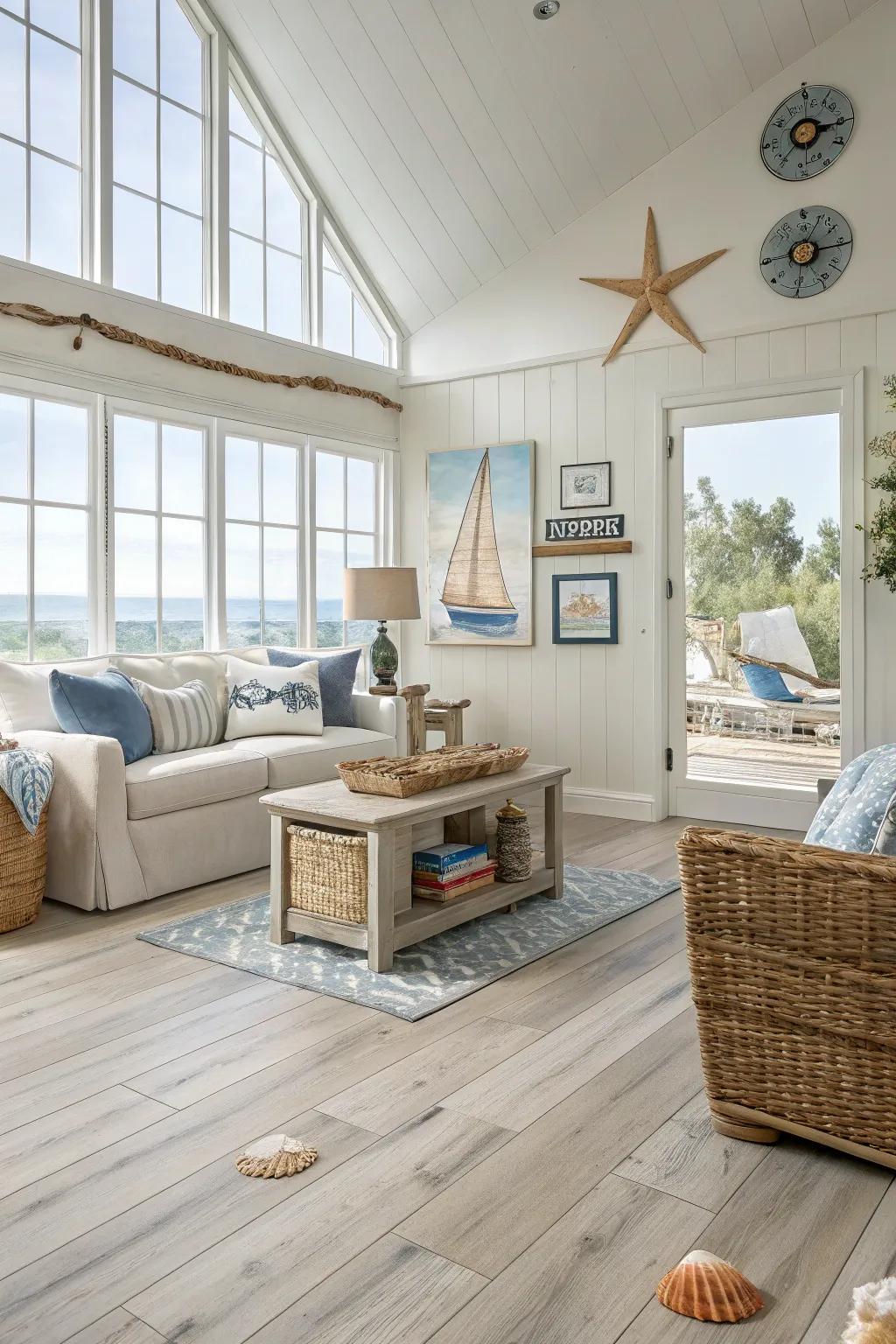 Sunny gold composite flooring enhances the beach style of this living room.