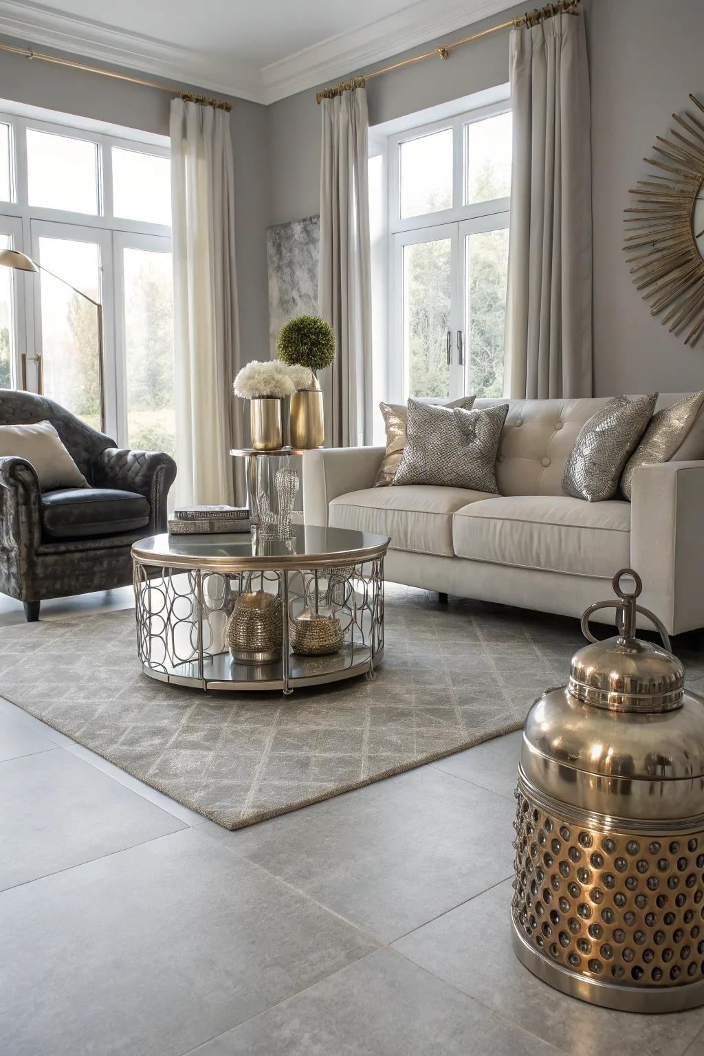 An elegant living room featuring metallic accents and light grey flooring.