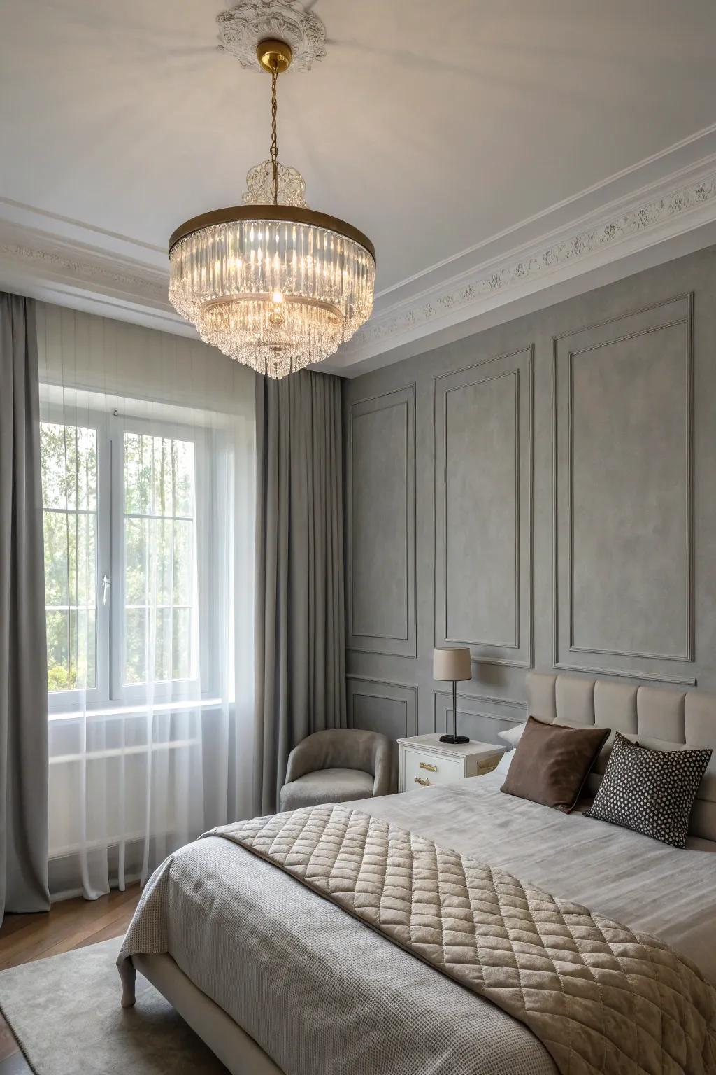 A modern chandelier adds sophistication to light grey walls.
