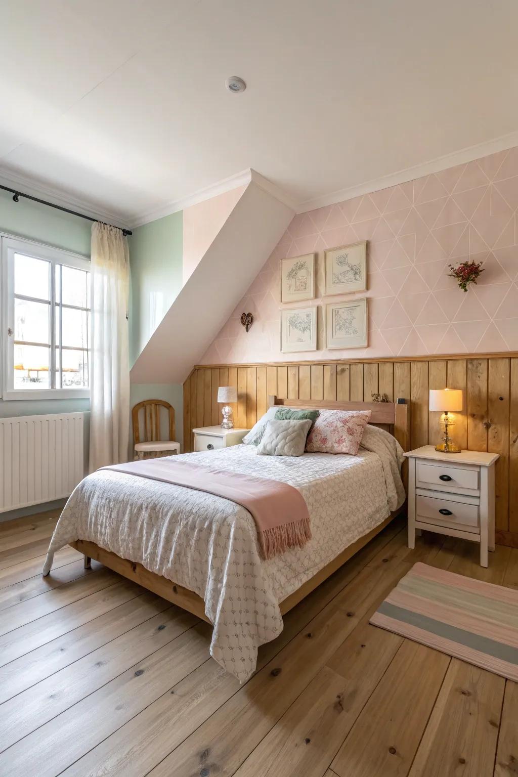 A pastel feature divider highlights bright timber flooring.