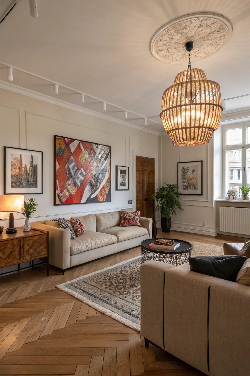 A living room enlivened by standout decor pieces, each catching the eye in dynamic interplay with the light wooden floors.