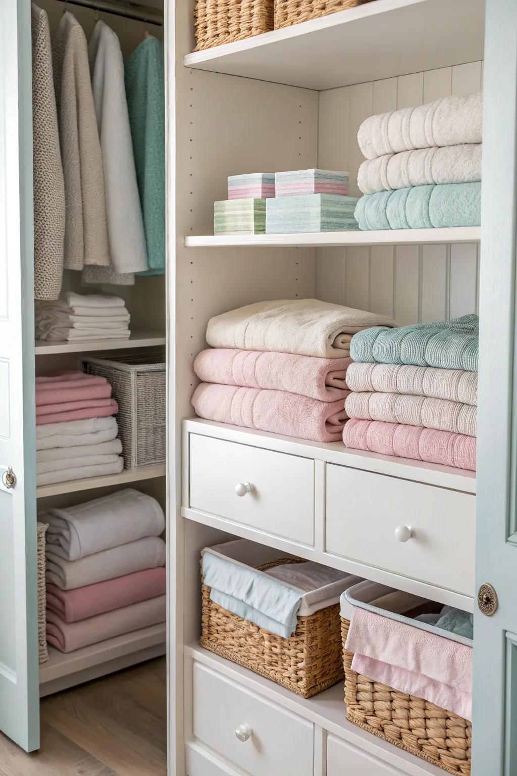 Thoughtful color choices enhance the visual appeal of a linen closet.