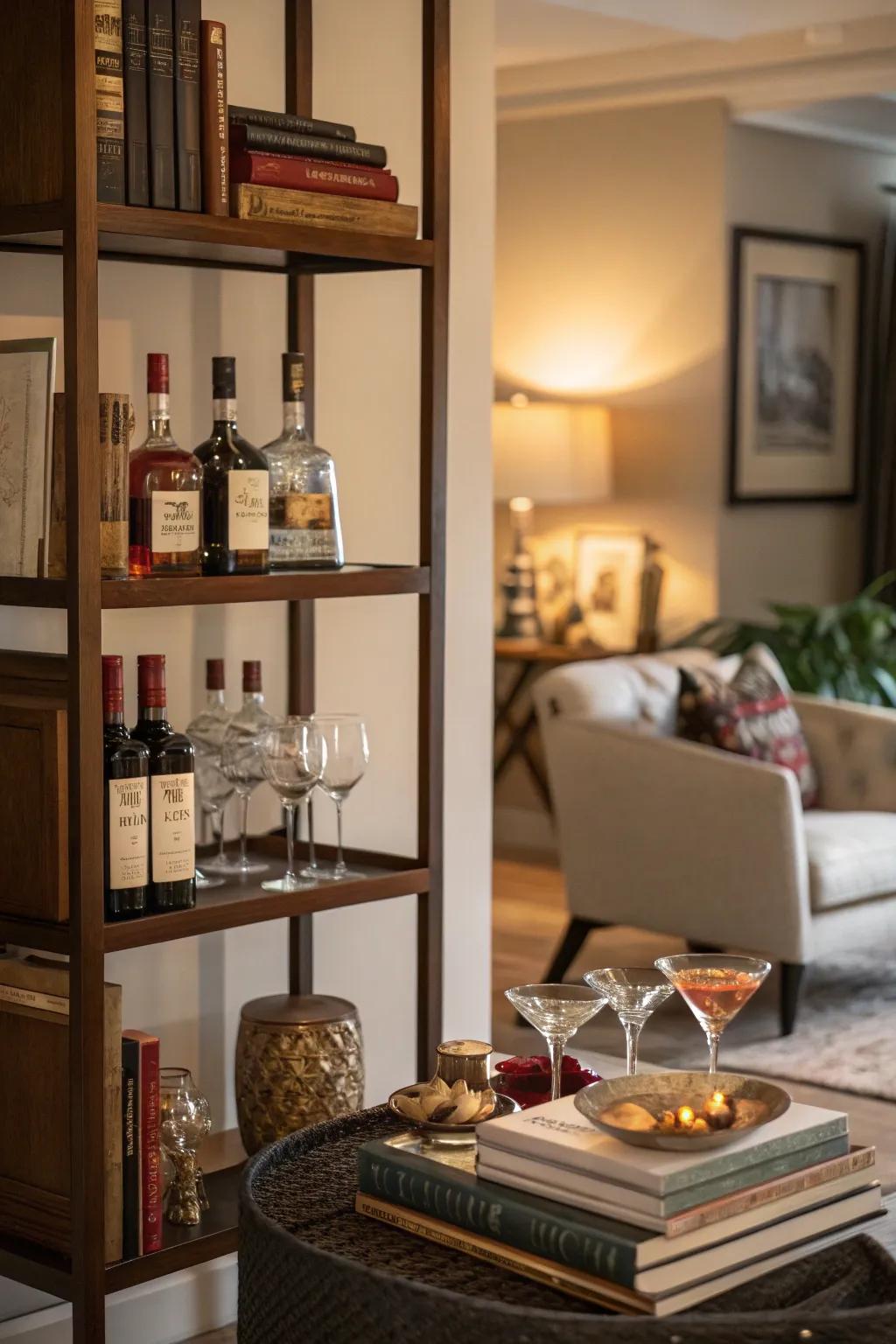 Transform a bookshelf into a sophisticated bar.