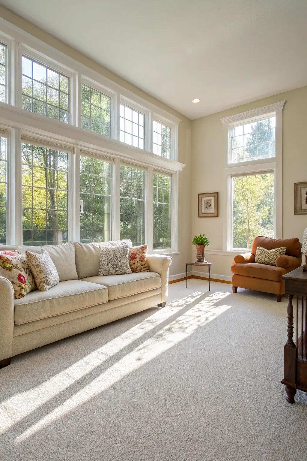 A light and spacious atmosphere is created by the use of natural light and light carpets.