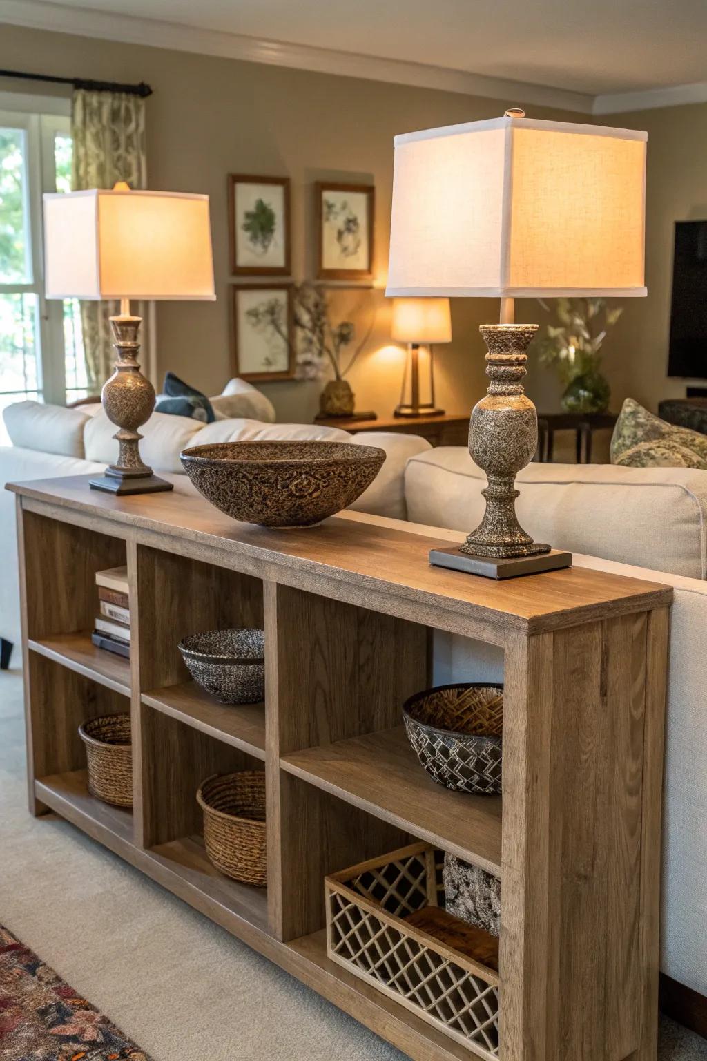 A practical surface space using cube storage, uniting utility with style.