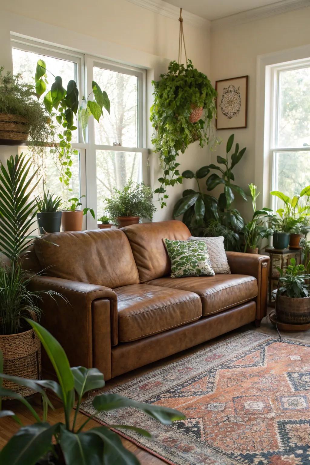 Greenery brings life and color to the lounge room.