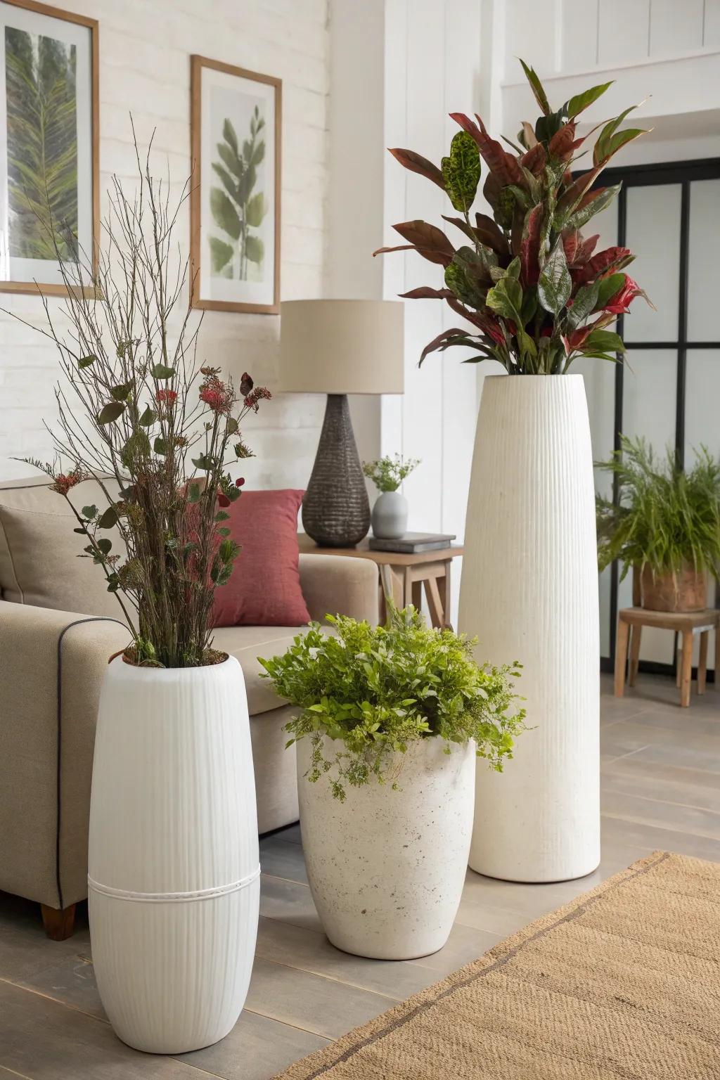 A grouping of vases of varying heights gives a modern living room a dynamic visual interest.