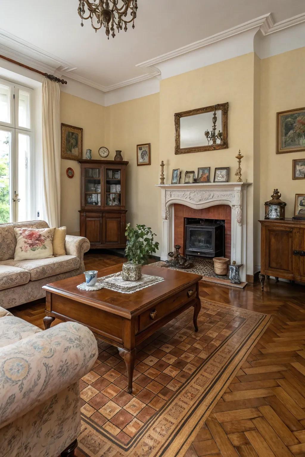 Elegant family room with herringbone-look tiling.