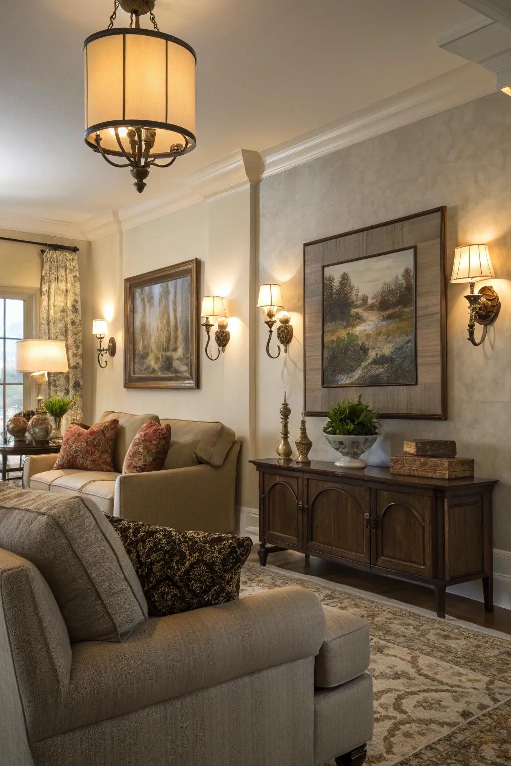 Adjustable sconces provide versatile lighting options.