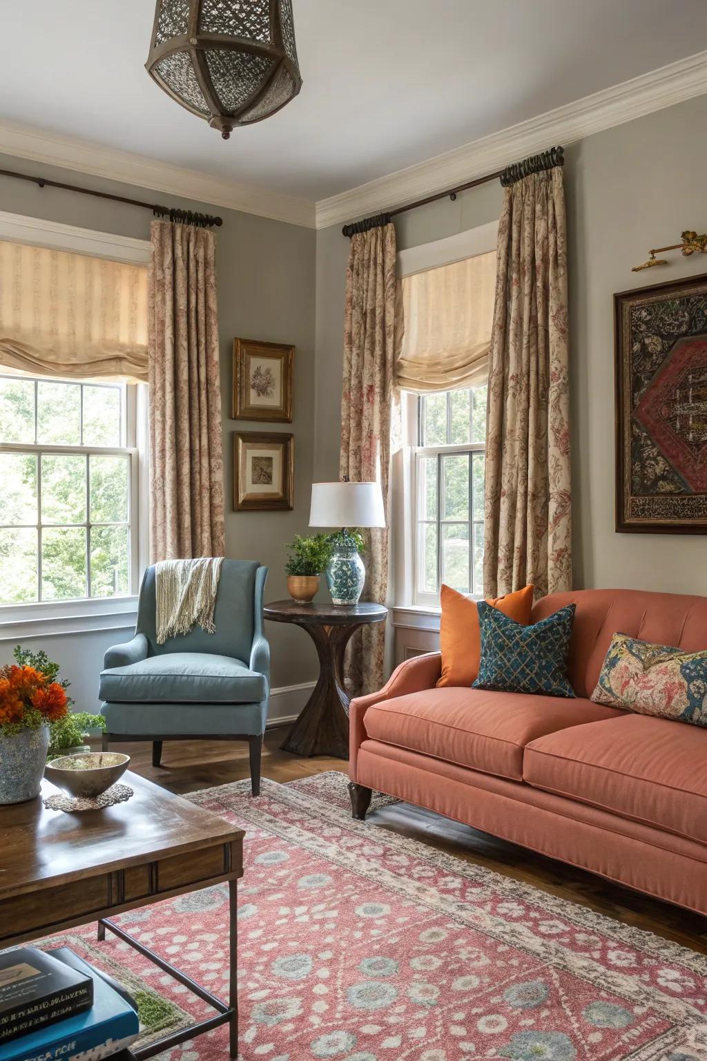 An assorted collection of window finishes bestowing character to the living space.