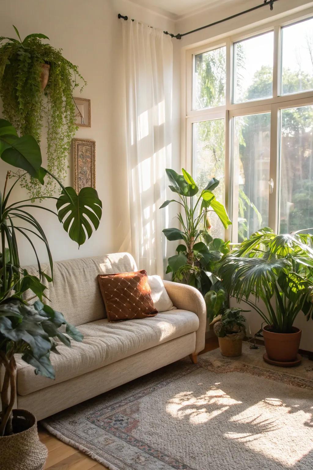 Sunlight and greenery breathe life into your living room, making it feel airy and vibrant.