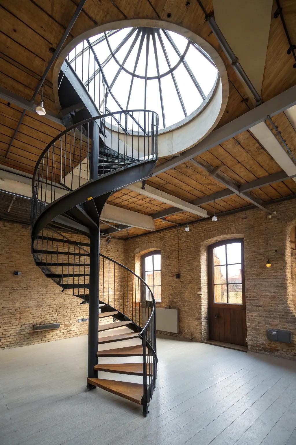 Artistic winding staircase serving as a loft centerpiece.