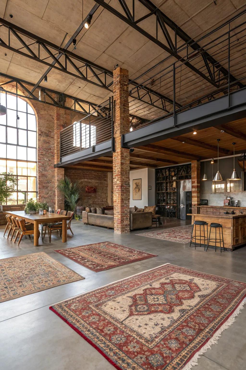Floor coverings effectively mark off spaces in an open loft.