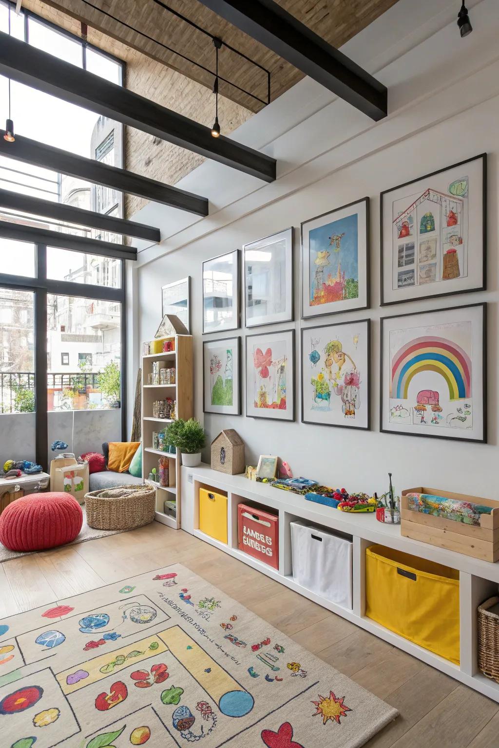 A vibrant art display showcasing children's artwork.