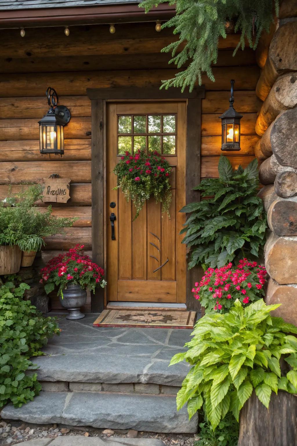 A cozy log cabin entryway with flora and beacons.