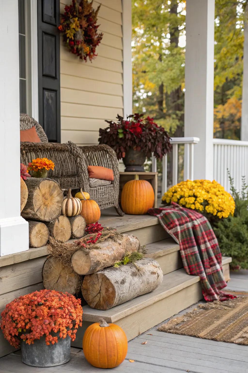 Logs integrated into a seasonal fall arrangement.