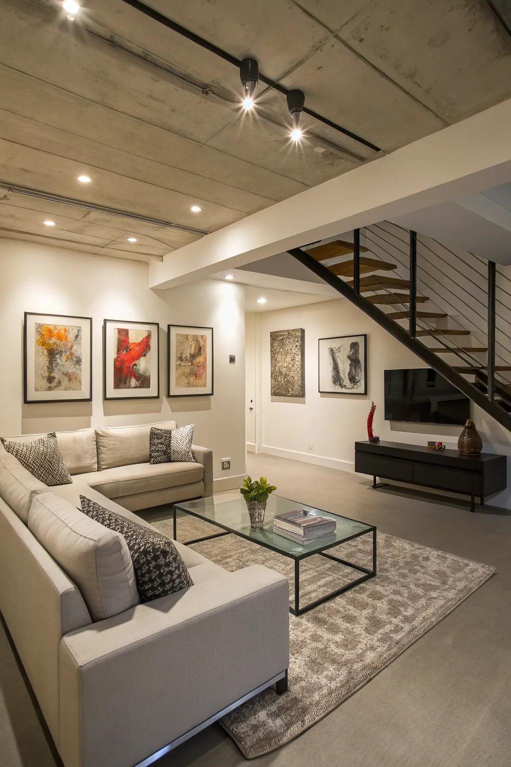 Minimalist design keeps a low-ceiling area spacious and light.