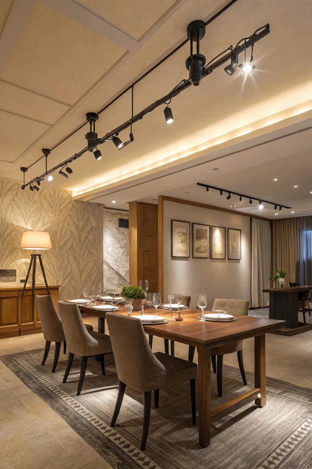 Adaptable track lighting in a dining area.