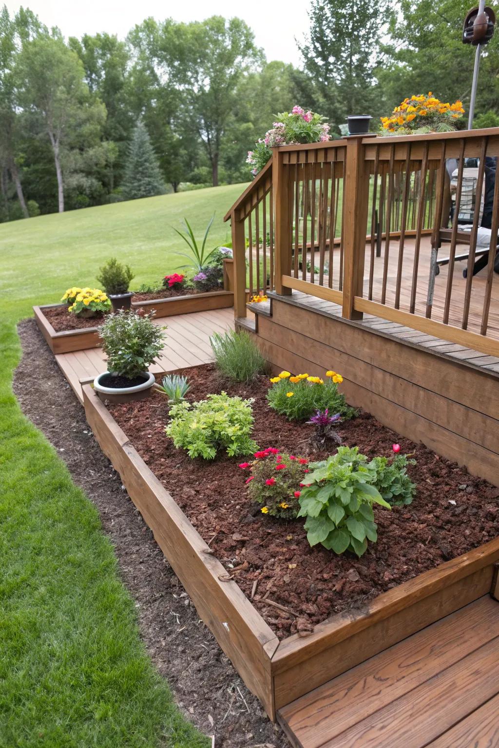 Green spaces featuring fresh mulch encircling an elevated deck.