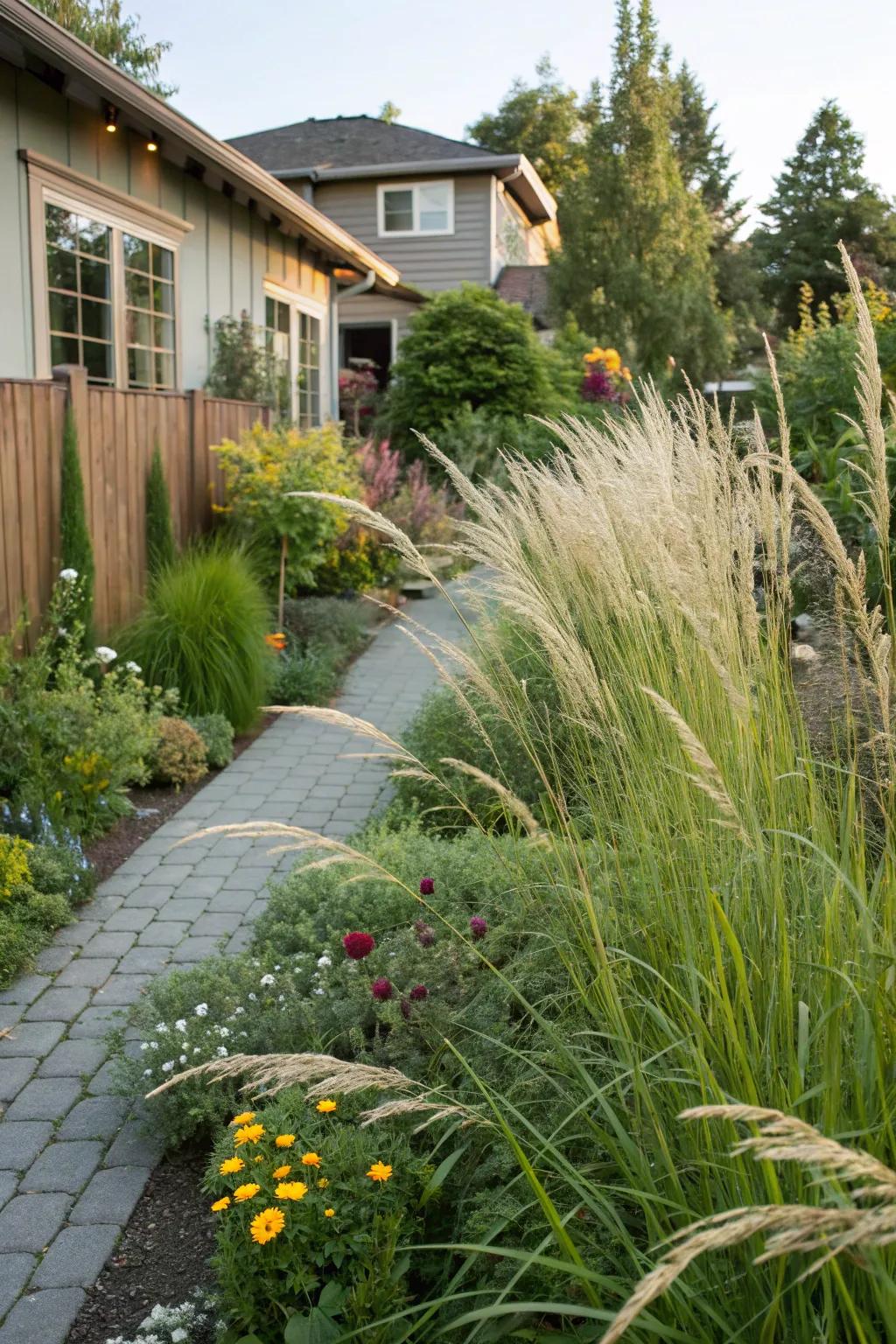 Tall grasses act as a natural privacy screen in an easy-care garden.