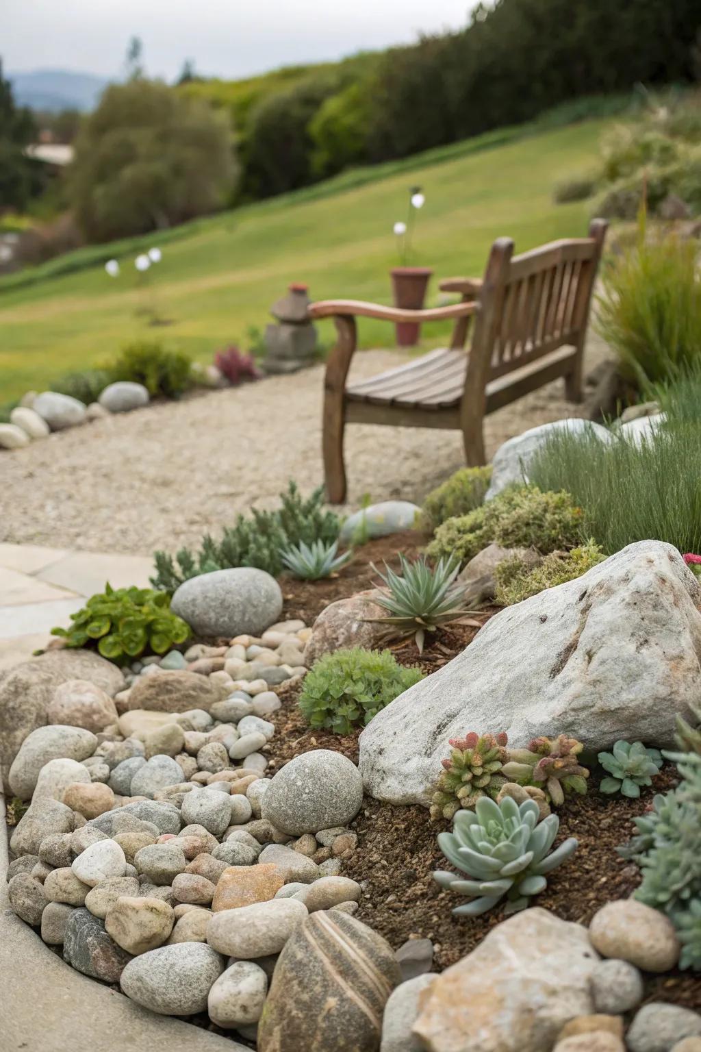 Design a captivating rock garden retreat with river stones.