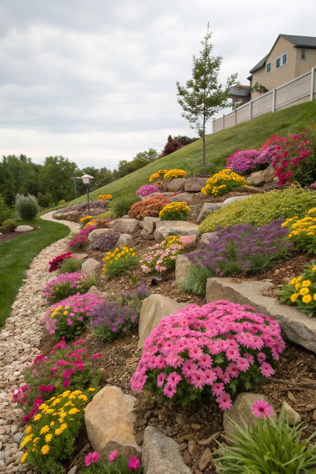 Vibrant perennials infuse vitality and endurance into sloping gardens.