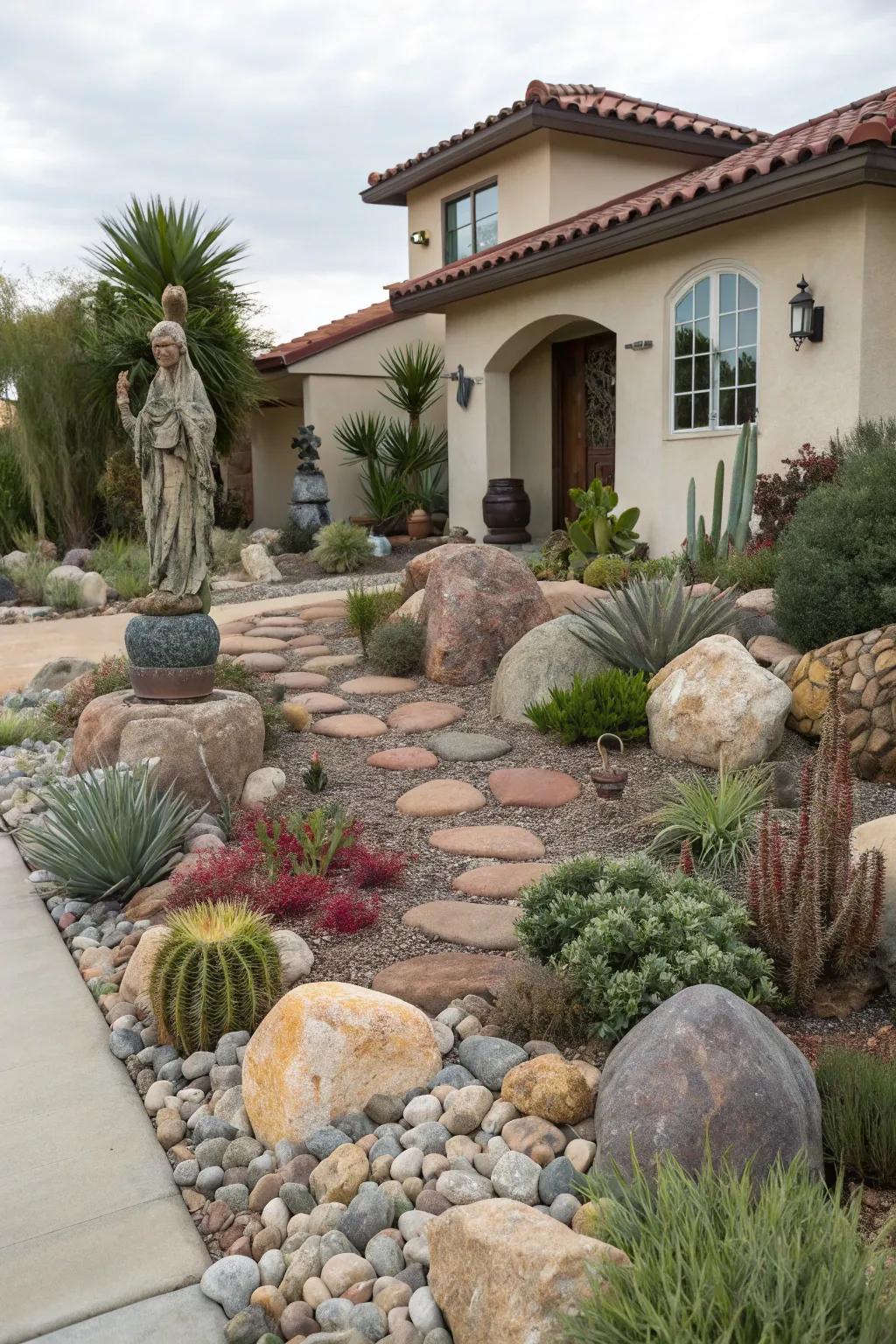 Decorative elements add charm to a xeriscape yard without increasing maintenance.