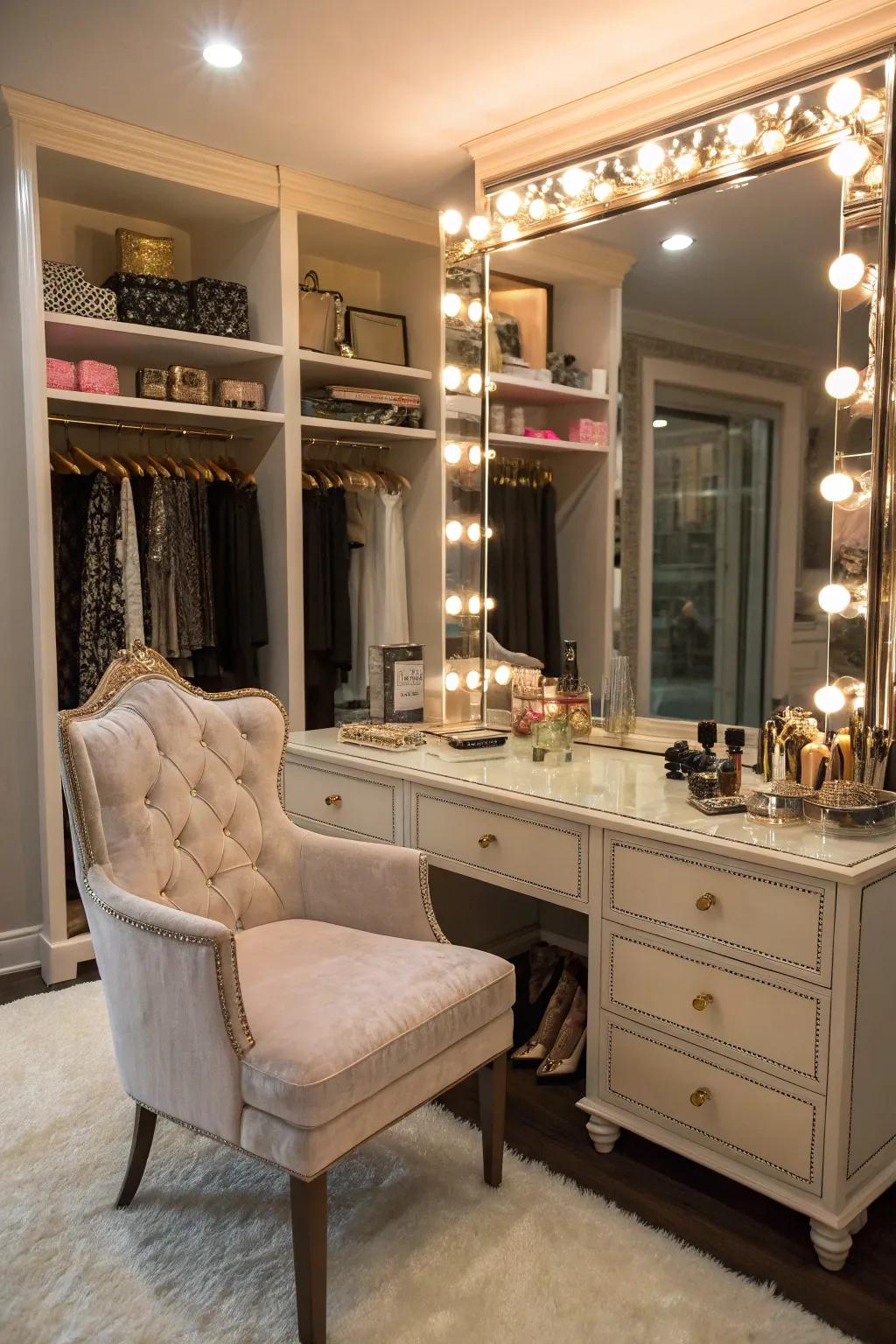 A tailored vanity area boasting stylish design features.