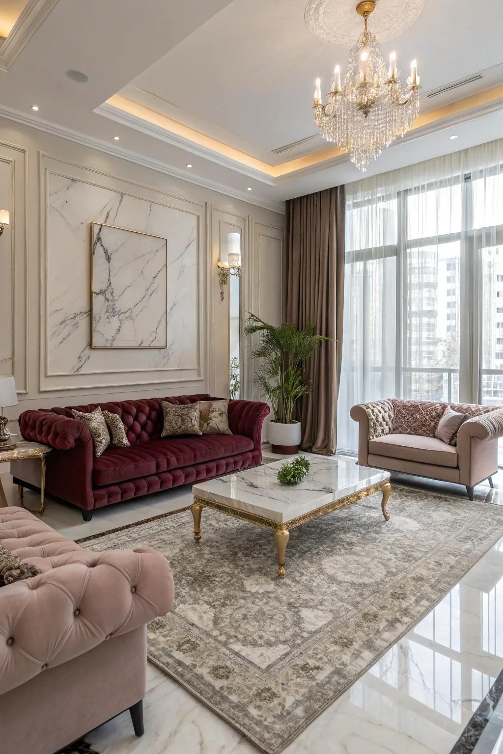 A mix of textures adds depth to this lavish living space.