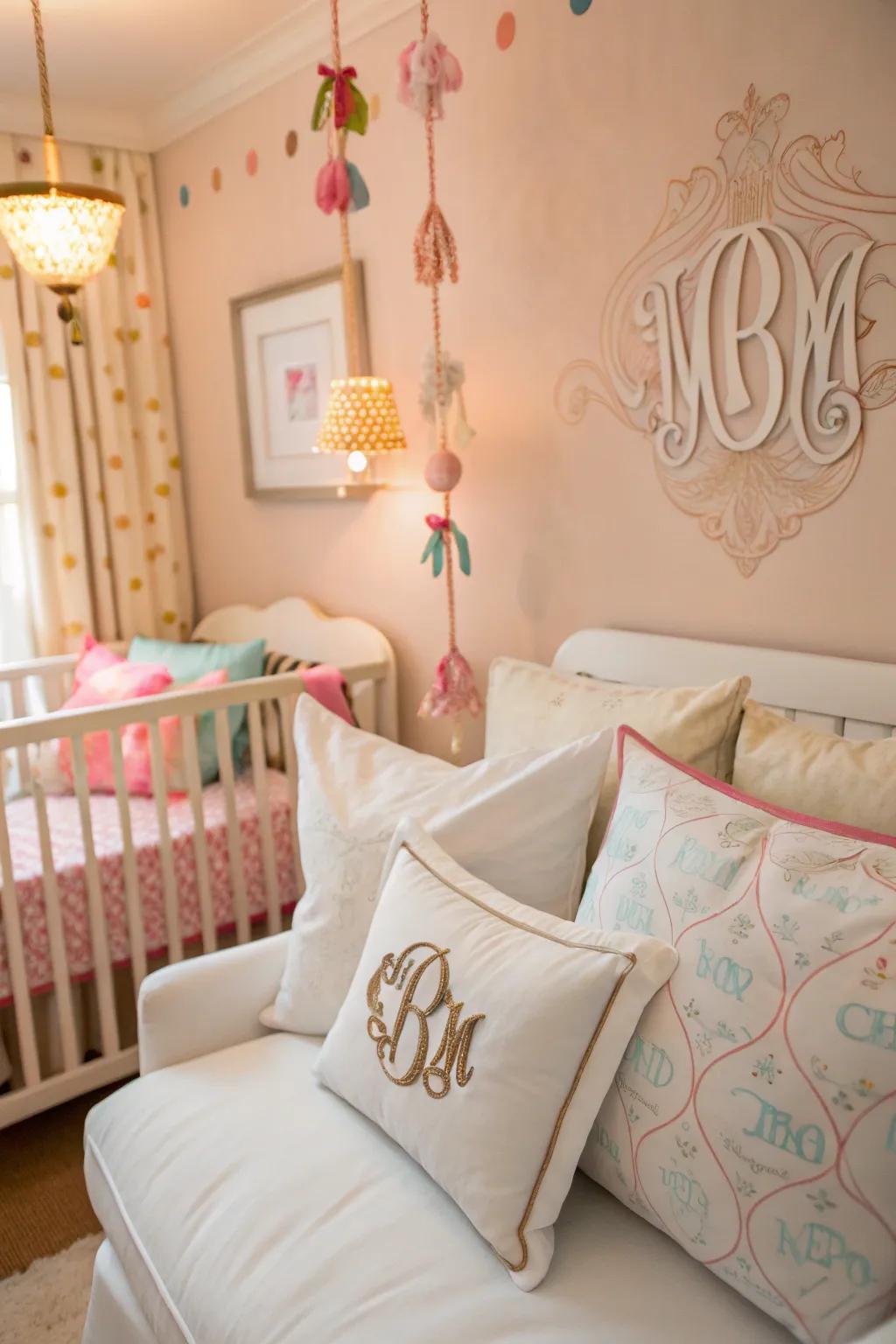 A nursery with stylish extras like pillows with names and themed decorations.