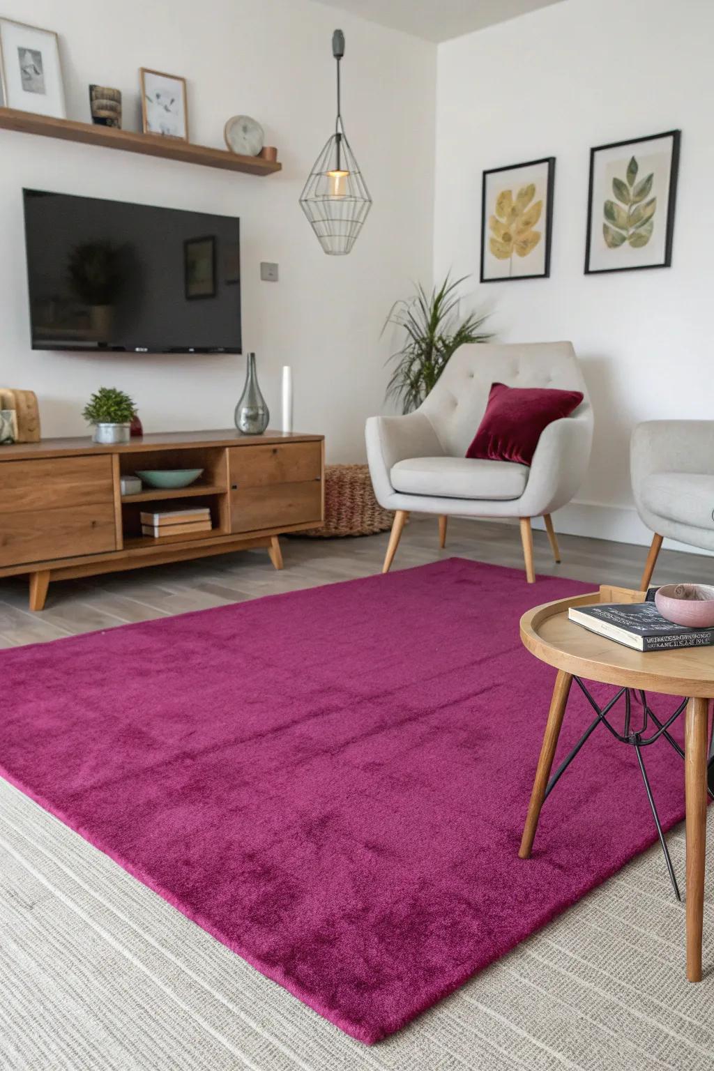 A vibrant fuchsia floor covering beautifully ties this modern living space together.