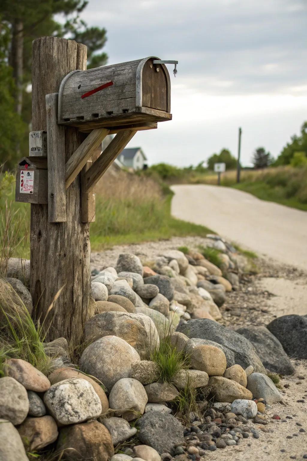 Country wooden mounts complement stone landscaping beautifully.