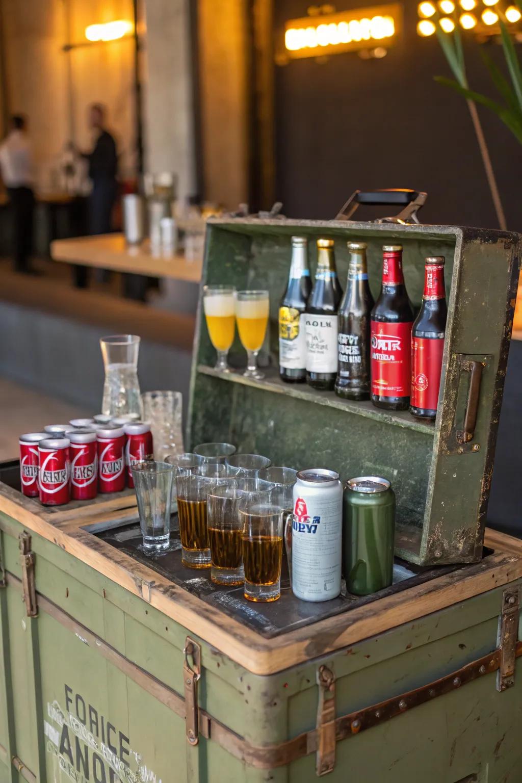 An ammo box mini bar infuses the area with rugged charm.