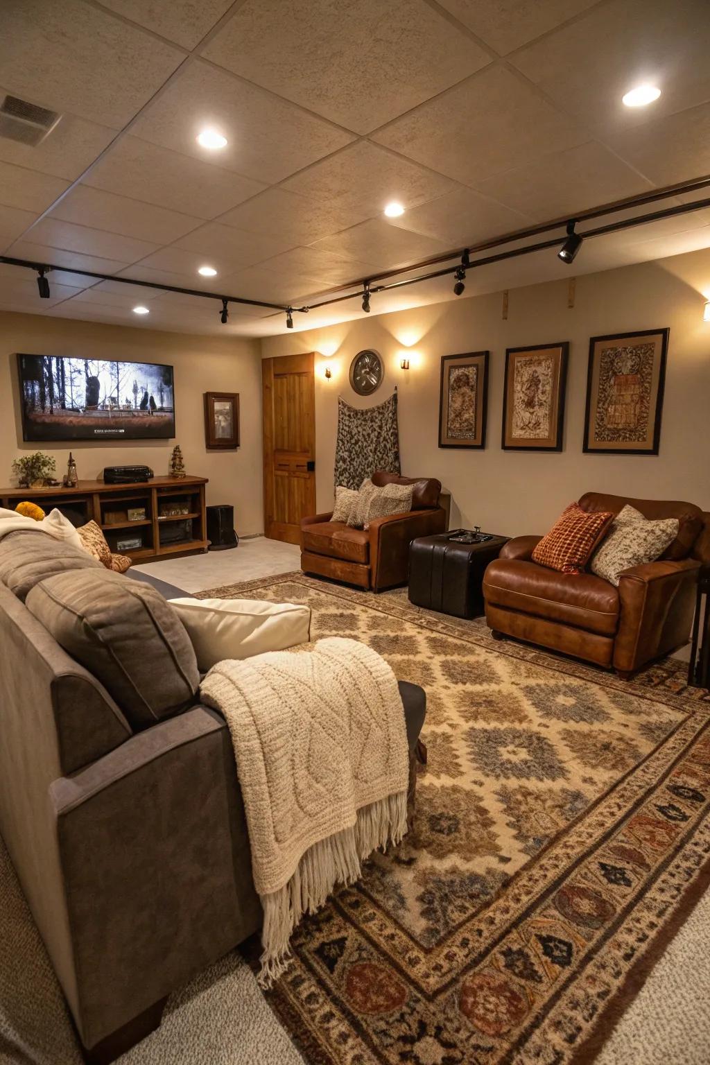 Inviting carpets and covers introduce comfort and style into this man cave.