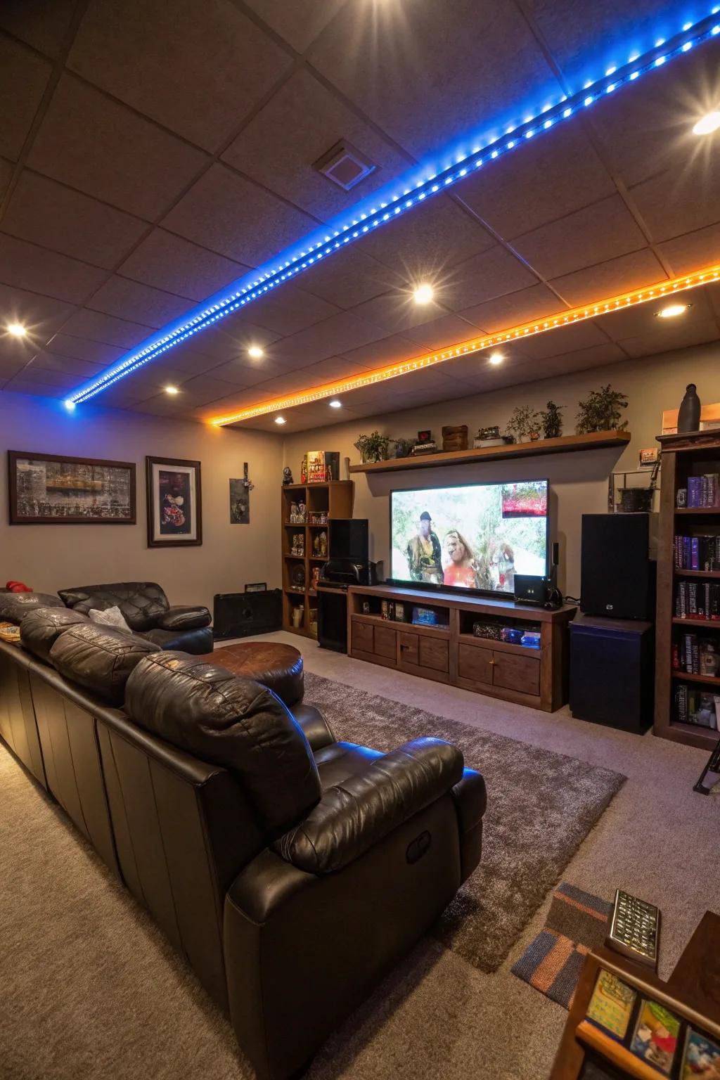 Adaptable lighting featuring color-altering LED strips within a man cave.