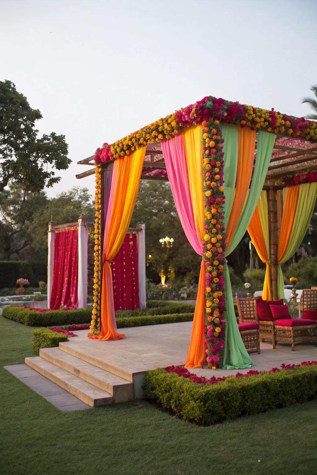Playful, multicolored cloth contribute a lighthearted nuance to a mandap.